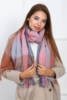 Кашемировый палантин шарф в клетку с бахромой PASHMINA лиловый
