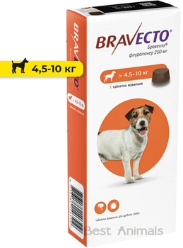 Таблетка від бліх і кліщів Bravecto Бравекто для собак вагою від 4,5 кг до 10 кг (8713184146519)