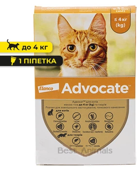 Протипаразитарні краплі Elanco (Bayer) Advocate Адвокат для кішок та тхорів до 4 кг (1 піпетка)