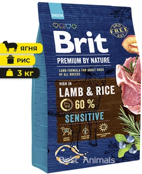 Сухий корм з ягням та рисом Brit Premium Sensitive Lamb & Rice Бріт Преміум для собак з чутливим травленням 3 кг (8595602526628)