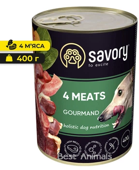 Вологий корм з індичкою ягням куркою та качкою Savory Сейворі консерва для собак 4 м'яса 400 г (4820232630396)