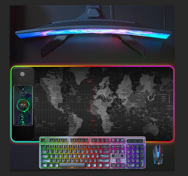 Коврик для игровой мыши GMS Карта мира, 2 в 1 с беспроводной подзарядкой и RGB подсветкой, 14 режимов RGB, 800*300 мм, настольный для беспроводных телефонов стандарта Ql