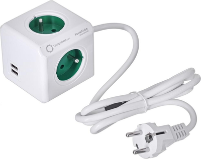 Rozgałęźnik sieciowy Allocacoc PowerCube Extended 2x USB, 4x type E (FR) 1.5m Green (2402GN/FREUPC)