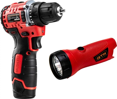 Набор Дрель-шуруповерт аккумуляторный GTM DS12/38BL 12В 38Нм 2 шв + аккумулятор 2 А-ч 2 шт + ЗУ + Фонарик аккумуляторный GTM FLC12/1 12В 1Вт Каркас без АКБ и ЗУ