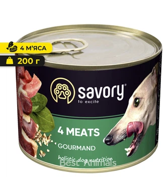 Вологий корм з індичкою ягням куркою та качкою Savory Сейворі консерва для собак 4 м'яса 200 г (4820232630389)