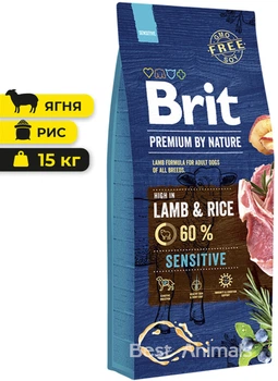 Сухий корм з ягням та рисом Brit Premium Sensitive Lamb & Rice Бріт Преміум для собак з чутливим травленням 15 кг (8595602526642)