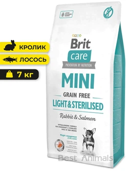 Сухий беззерновий корм з кроликом та лососем Brit Care Mini Light & Sterilised для собак мініатюрних порід з надмірною вагою або стерилізованих 7 кг (8595602521081)