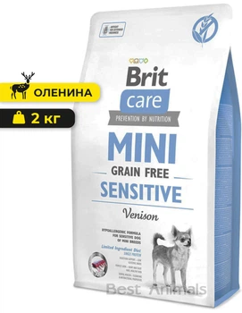 Сухий беззерновий корм з олениною Brit Care Mini Sensitive для собак мініатюрних порід з чутливим травленням 2 кг (8595602520169)