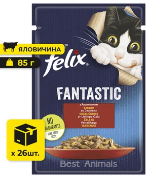 Вологий корм для котів шматочки у желе Felix Fantastic Фелікс з яловичиною пауч 85 г 26 шт (7613039838624)