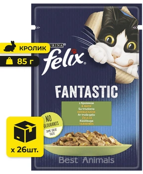 Вологий корм для котів шматочки у желе Felix Fantastic Фелікс з кроликом пауч 85 г 26 шт (7613034442352)
