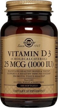 Витамин Solgar D3, Cholecalciferol, 25 мкг, 1,000 МЕ, 100 гелевых капсул (33984033405)