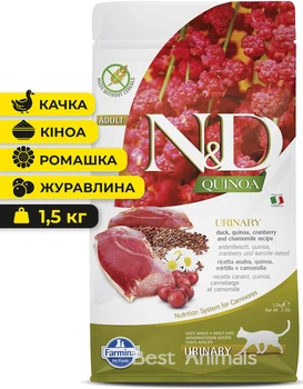 Сухий корм для здоров'я сечокам'яної ситеми котів Farmina Фарміна N&D Urinary з качкою кіноа ромашкою та журавлиною 1,5 кг (8010276035820)
