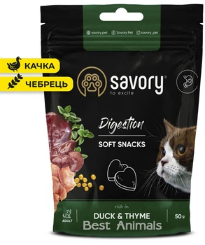 М'які ласощі для котів Savory Сейворі з качкою та чебрецем для покращення травлення 50 г (4820232631409)