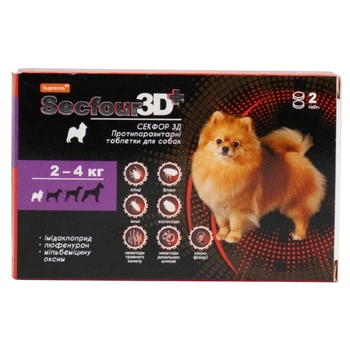 Таблетки от блох, клещей и глистов для собак весом 2-4 кг Secfour 3D 2 таб/уп