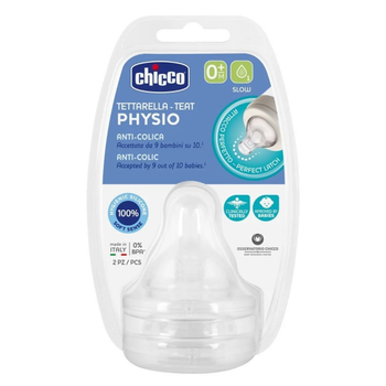 Соска силіконова повільний потік 2 шт Chicco Physio 0m+ (8058664122196)