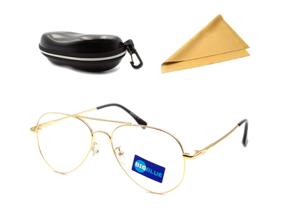 Компьютерные очки Big Blue Aviator Gold защитные от излучения монитора с блокировкой голубого света с ПАСПОРТОМ Blue blocker c футляром и салфеткой