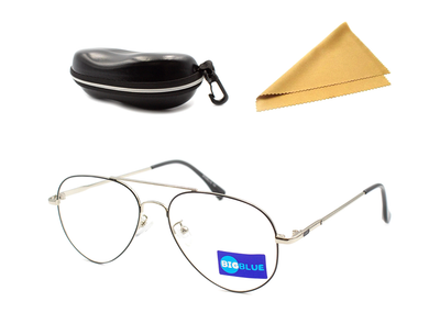 Компьютерные очки Big Blue Aviator Black silver 8 защитные от излучения монитора с блокировкой голубого света с ПАСПОРТОМ Blue blocker c футляром и салфеткой