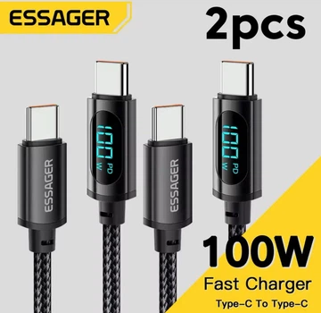 USB кабель 2 шт Essager 100W з LED-дисплеєм для швидкої зарядки ноутбука Type-C - Type-C 5A EXCTT1-XY01-P 1м Чорний