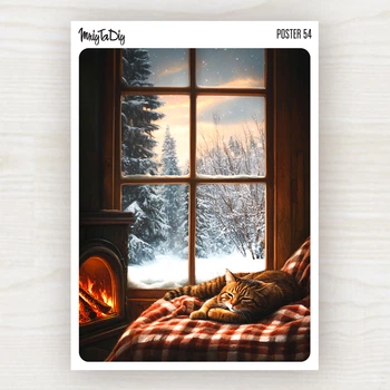 Стикерлист MriyTaDiy Poster 54 "Котик возле камина", (10,5 см. х 14,8 см)