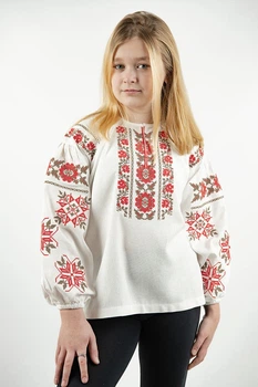 Підліткова вишиванка для дівчинки Класична В-3104 льон 134см молочна з квітковим орнаментом (310411134)