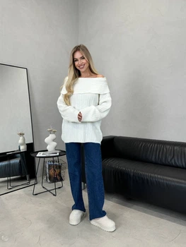 Жіночий подовжений светр-туніка молочного кольору 30471 One Size