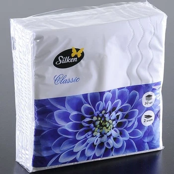 Салфетки бумажные 33х33см 50 шт 2слой. SILKEN белые Дуэт сложение 1/8
