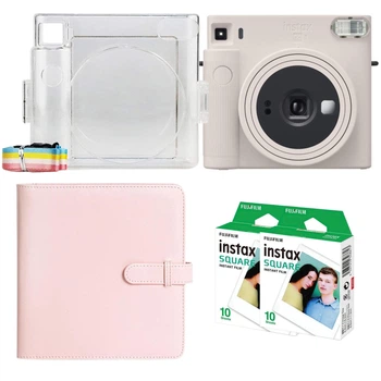 Подарунковий набір камера миттєвого друку Fujifilm Instax Square SQ1 Chalk White / Чохол прозорий / Фотоальбом рожевий (288 фото) / Фотопапір (20 знімків)