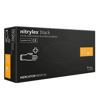 Рукавички нітрилові Mercator Nitrylex BLACK неопудрені, розмір XS, 100 шт