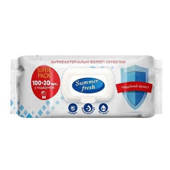 Влажные салфетки Summer fresh антибактериальные с клапаном, 120 шт