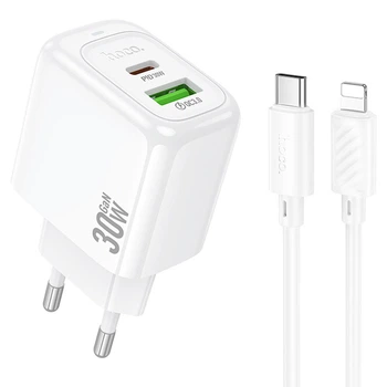 Сетевое зарядное устройство Hoco CS55A Surplus PD30W+QC3.0 (1USB-A/1C) + кабель Type-C to Lightning White