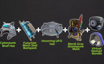 Код активації Prime Combo Bundle #1 (Cyberpunk Wolf Hat + Mech Sled + Hovering UFO + Mardi Gras + Virtual Nomad Bundle) - Roblox