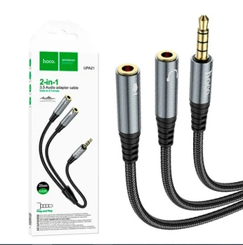 Кабель HOCO UPA21 2in1 3.5 Audio adapter cable Male to 2 Female Metal Серый