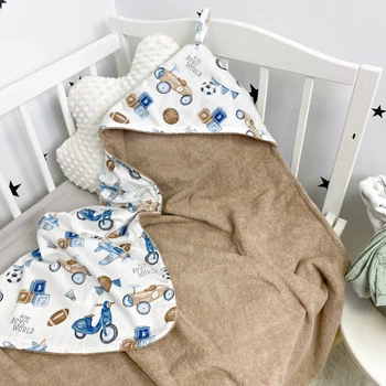 Махровий рушник з куточком 70х70 см Oh My Kids "Ретро машинки" бежевий