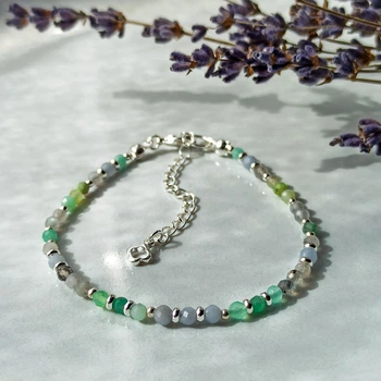 Браслет натуральный Агат Сапфирин, Изумруд, Хризопраз, Лабрадор, фур-ра гип-ный сплав цвет серебро d-3мм L-18-23см