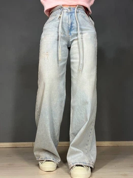 Джинсы женские I8 52406 широкие Baggy бананы с поясом веревкой 28 голубые