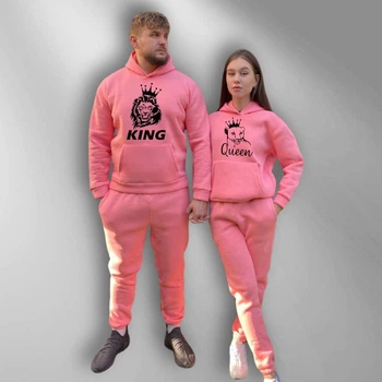 Парні спортивні костюми теплі з капюшоном Худі та Джогери XS/S, XL/XXL, принт "King/Queen" , рожевий (273)