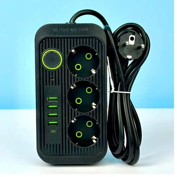Удлинитель сетевой переноска 6м на 3 розетки + 4USB, 1Type-C UA Power F09U Черный