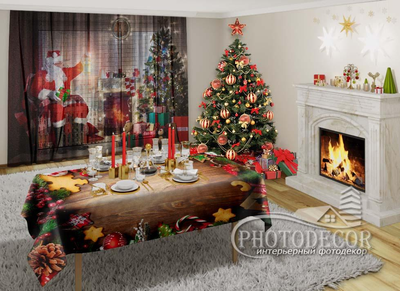 Новорічний Фото Тюль PHOTODECOR "Дід Мороз біля каміна"