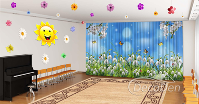 Весняні Фото Штори в дитячий сад PHOTODECOR "Проліски та метелики на блакитному тлі"