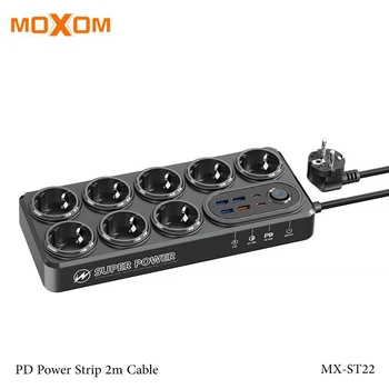 Подовжувач із захистом від перенапруги Moxom MX-ST22 14 IN 1 Power Strip з 2 PD/QC 2500 Вт, 8 розетками та 3 USB для кількох пристроїв, 2 М. Чорний