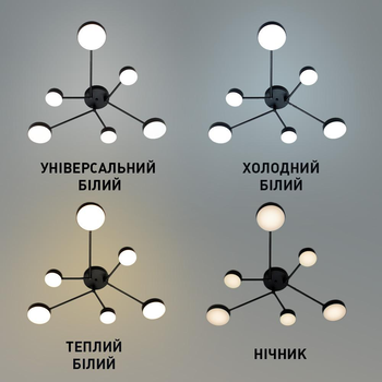 Управляемая светодиодная Смарт люстра ESLLSE OTTO 6R 75 Вт 1000x850x108 мм Черная с пультом ДУ для кухни, спальни, гостиной