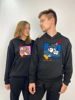 Парні худі з капюшоном без флісу, XS/S, XL/XXL, чорний, принт "Том і Джеррі" (367)