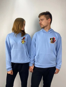Парні худі з капюшоном без флісу, M/L, ХL/2XL, блакитний, принт "Дедпул та Росомаха" (364)