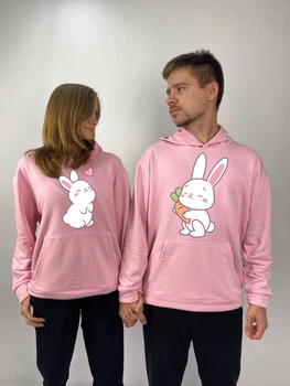 Парні худі з капюшоном без флісу, XS/S, XL\2XL, рожевий , принт "Зайчики" (457)