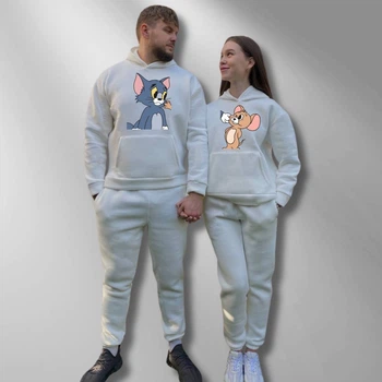 Парні спортивні костюми теплі з капюшоном Худі та Джогери M/L, XL/XXL, принт "Том і Джеррі" , білий (327)
