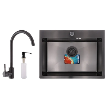 Кухонна мийка MIXXUS SET-6045-200x1.0-PVD чорна з нержавіючої сталі з змішувачем та диспенсером (MX0587)