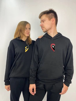 Парні худі з капюшоном без флісу, XL/XXL, M/L, чорний, принт "Дедпул/Росомаха" (470)