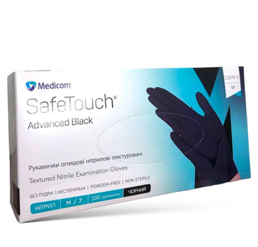 Перчатки нитриловые текстурированные Medicom SafeTouch Advanced Black (черные) М-size, 100шт./уп. - 1187P-C