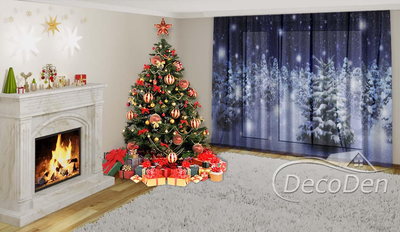 Новогодний Фото Тюль PHOTODECOR "Снегопад в ночном лесу. Синий"
