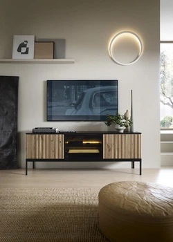 Тумба под ТВ с подсветкой Perfect Home Сенто / Sento RTV154 3-дверная Черный/дуб вотан (PFH-091485)